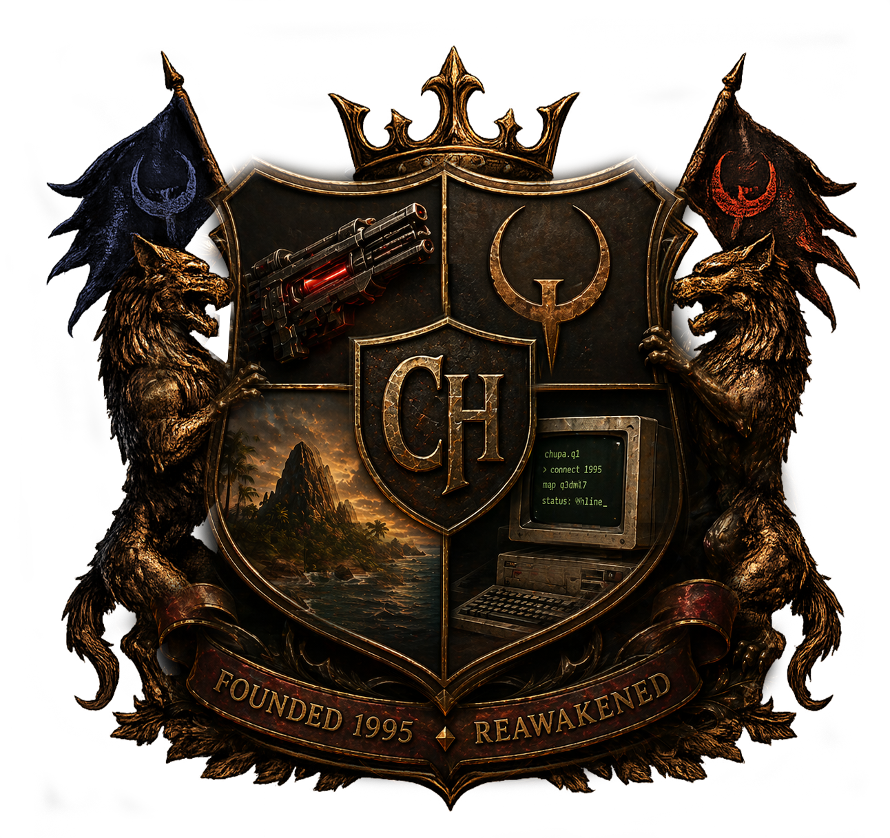 Chupacabras coat of arms — wolves, crown, Quake sigil, and a 1995 terminal